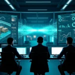 Sala de controle logística com dois dashboards mostrando integração WMS e ERP
