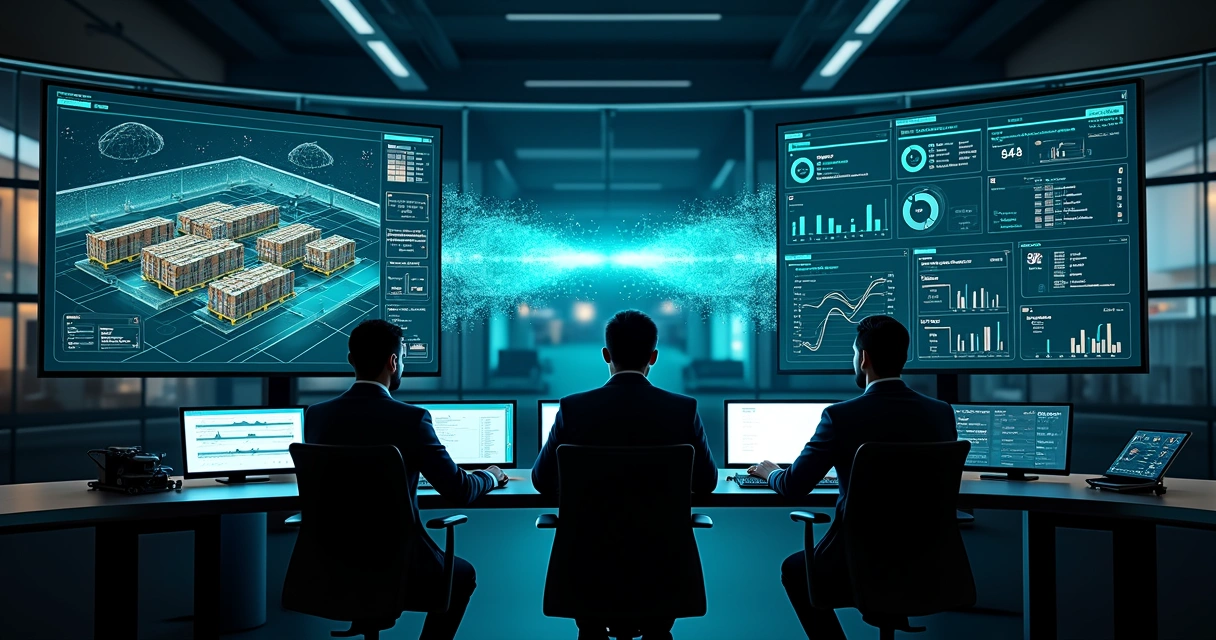 Sala de controle logística com dois dashboards mostrando integração WMS e ERP