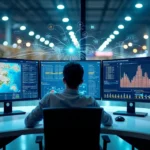 Centro de controle logístico digital mostrando integração entre WMS e SAP em telas grandes