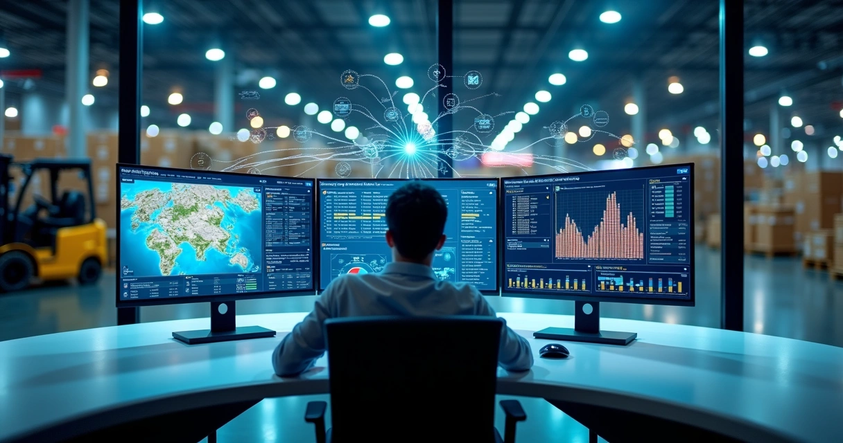 Centro de controle logístico digital mostrando integração entre WMS e SAP em telas grandes