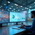 Tela dividida mostrando integração entre sistema WMS em nuvem e ERP TOTVS em estoque moderno
