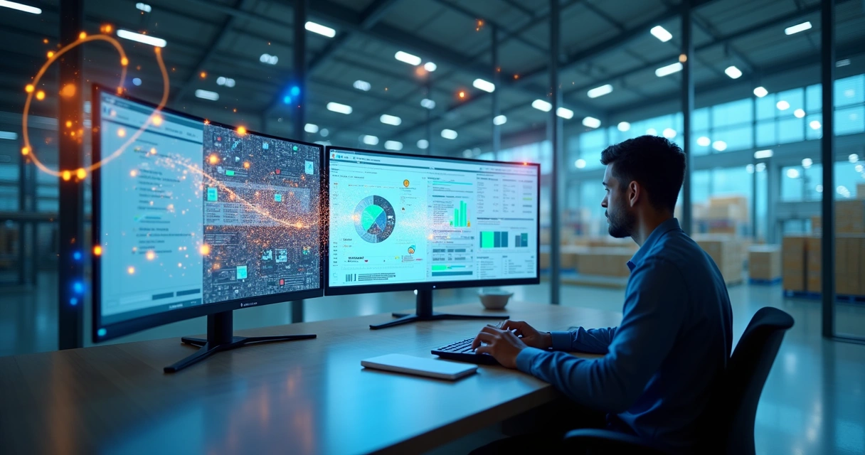 Tela dividida mostrando integração entre sistema WMS em nuvem e ERP TOTVS em estoque moderno
