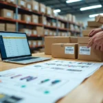 Bancada de logística com kits de produtos sendo montados e conferidos em sistema WMS