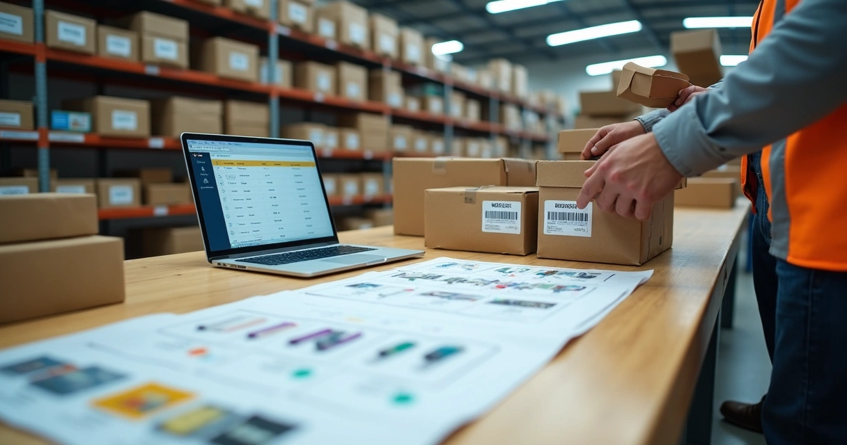 Bancada de logística com kits de produtos sendo montados e conferidos em sistema WMS