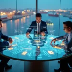 Gestores em mesa redonda analisando painel digital com métricas logísticas em destaque