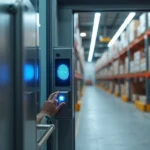 Porta de armazém com biometria digital iluminada em primeiro plano