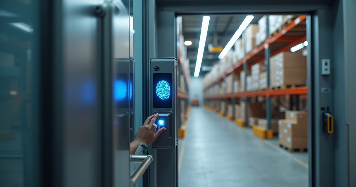 Porta de armazém com biometria digital iluminada em primeiro plano