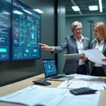 Auditor fiscal conferindo estoque com painel digital de WMS