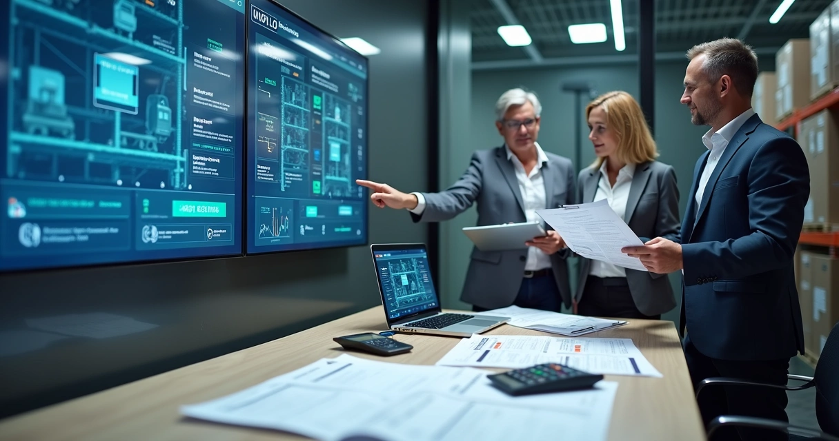 Auditor fiscal conferindo estoque com painel digital de WMS