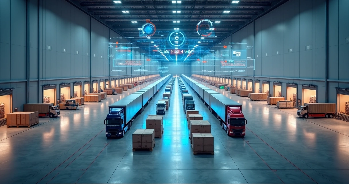 Fluxo de cross-docking com dois tipos de caminhões conectados a um painel digital de WMS