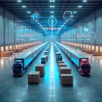 Fluxo de cross-docking com dois tipos de caminhões conectados a um painel digital de WMS