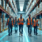 Equipe de estoque caminhando em armazém sobreplhada por camada digital de IA