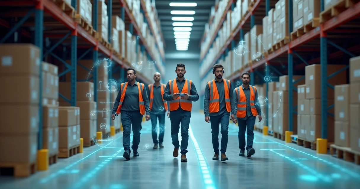 Equipe de estoque caminhando em armazém sobreplhada por camada digital de IA