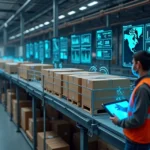 Antenas RFID no alto rastreando paletes enquanto telão exibe inventário em tempo real
