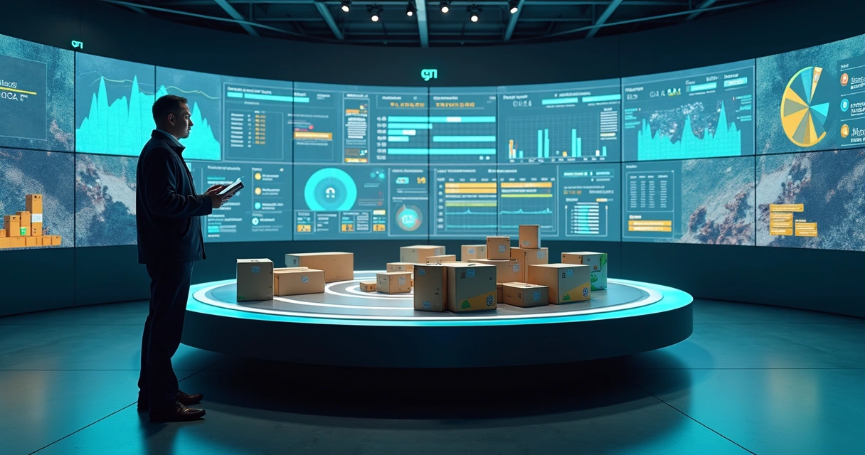 Gestor observando mesa giratória com produtos e painel digital de inventário