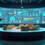 Gestor observando mesa giratória com produtos e painel digital de inventário