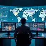 Gestor de logística analisando painéis de BI integrados ao WMS em centro de comando digital