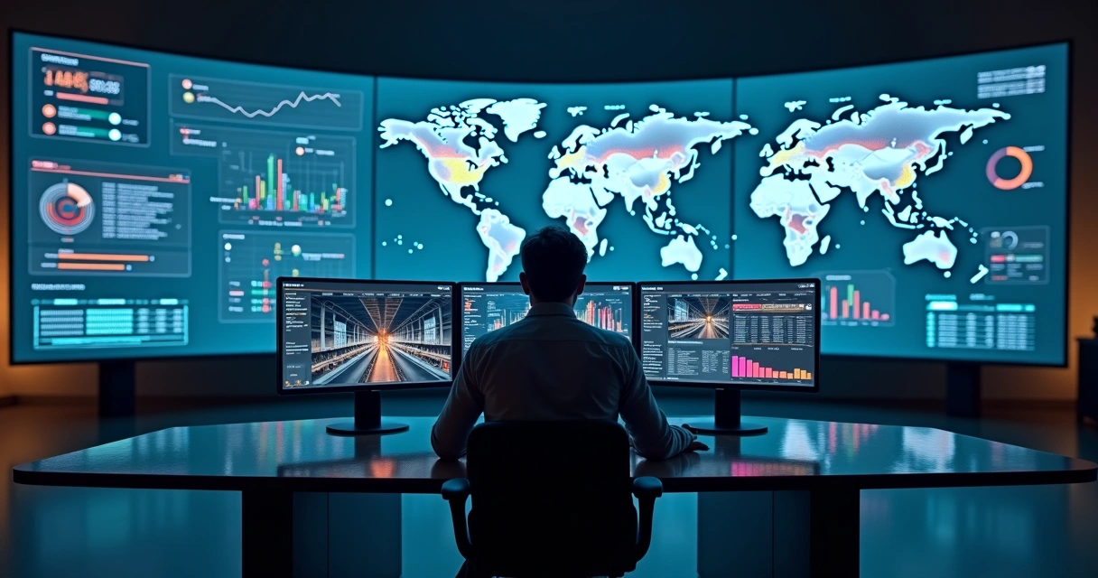 Gestor de logística analisando painéis de BI integrados ao WMS em centro de comando digital