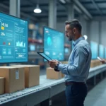 Gestor analisa auditoria automatizada de estoque em esteira com tablet na mão