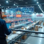 Gestor em mezanino de armazém monitora Black Friday em painel digital com esteiras automatizadas abaixo