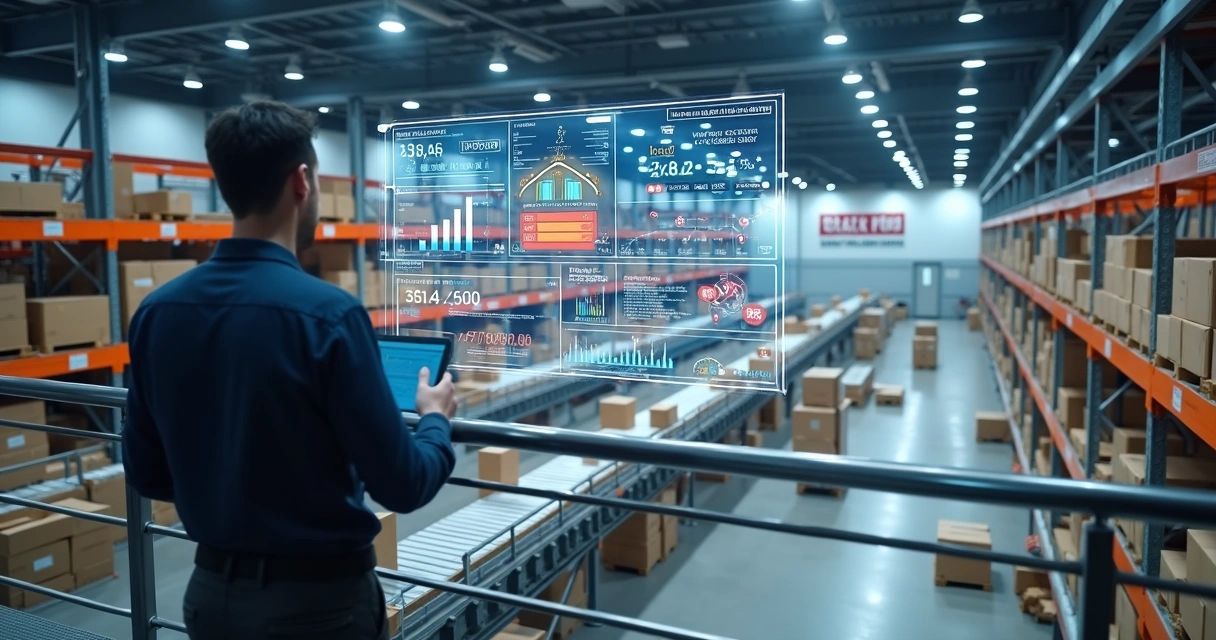 Gestor em mezanino de armazém monitora Black Friday em painel digital com esteiras automatizadas abaixo