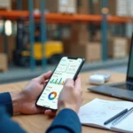 Gestor de logística usando WMS mobile para acompanhar estoque em tempo real
