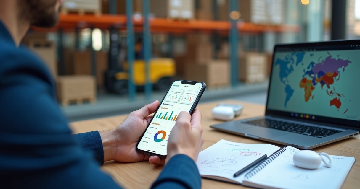 Gestor de logística usando WMS mobile para acompanhar estoque em tempo real