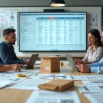 Gestores analisam padronização de cadastro de produtos em mesa de trabalho com telas abertas