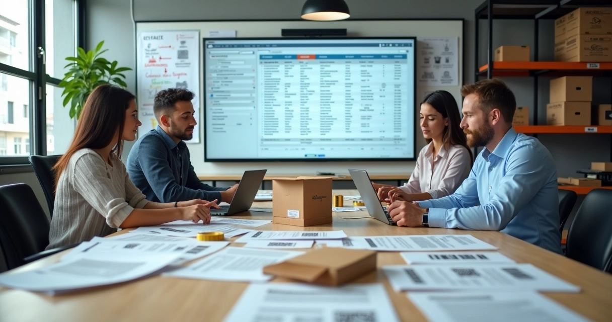 Gestores analisam padronização de cadastro de produtos em mesa de trabalho com telas abertas