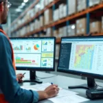 Painel digital com indicadores de estoque e operador corrigindo divergências em armazém