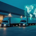Caminhões saindo de centro de distribuição com mapa digital de rotas ao fundo