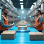 Operadores conferindo pedidos em esteira usando WMS em tablets