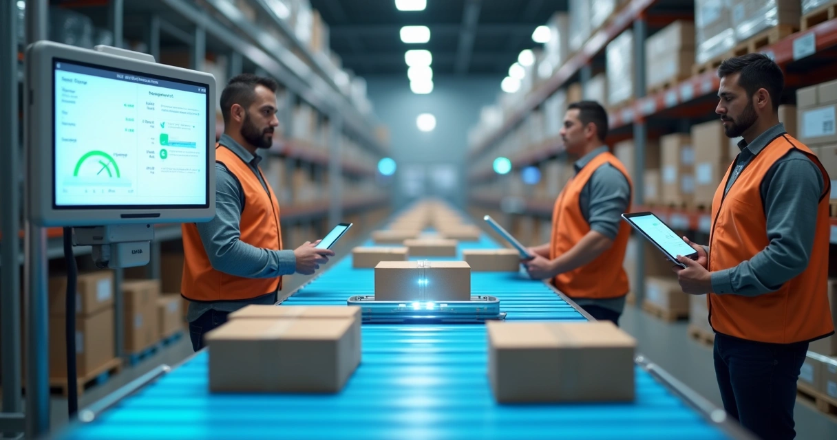 Operadores conferindo pedidos em esteira usando WMS em tablets
