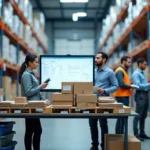 Equipe de logística conferindo devoluções de produtos em área organizada de estoque