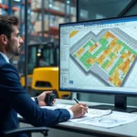 Gestor de logística analisa mapa digital de endereçamento de estoque em grande monitor