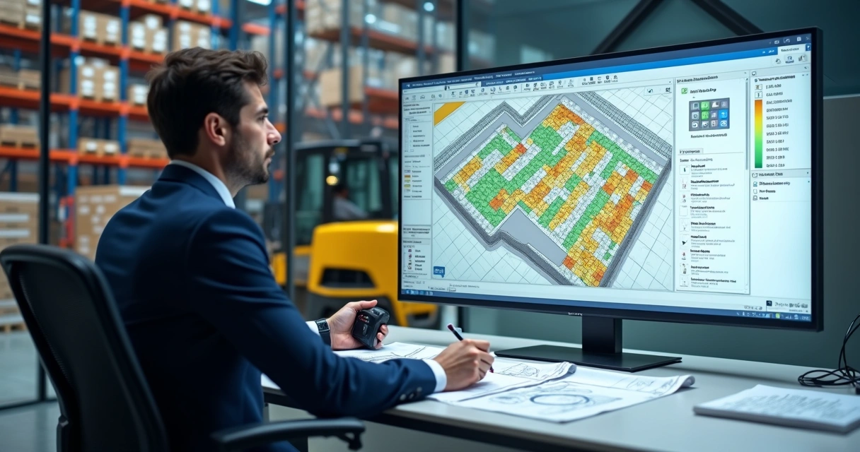 Gestor de logística analisa mapa digital de endereçamento de estoque em grande monitor