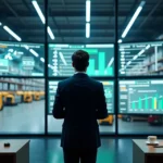 Gestor visualiza painel de controle de estoque sem rupturas em sala de operação de logística
