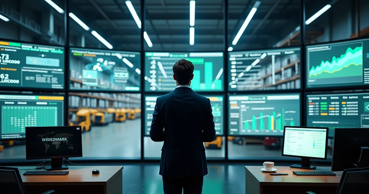 Gestor visualiza painel de controle de estoque sem rupturas em sala de operação de logística