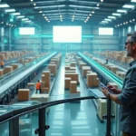 Gestor em passarela elevada observa centro de distribuição com hologramas de dados logísticos