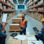 Time de inventário em armazém conferindo estoque com revisões no tablet