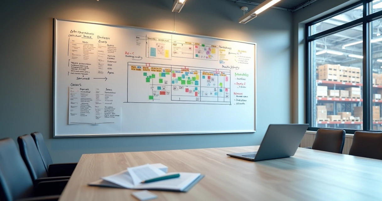 Quadro branco com planejamento visual de inventários em centro de distribuição